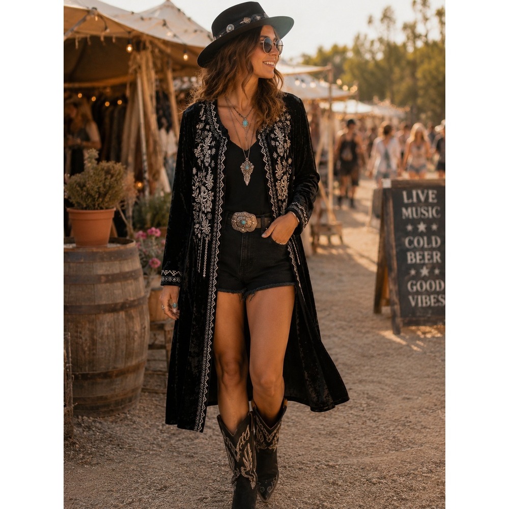 Andree by UNIT Black Crushed Velvet Embroidered Duster Cardigan L M93023